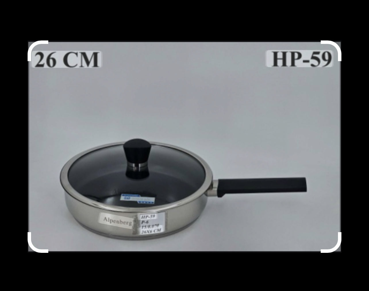 AlpenBerg HP-59 Stainless Steel Fry Pan with Glass Lid – Available in 22, 24 & 26 CM