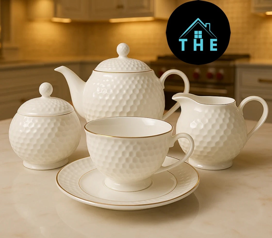17-Piece Royal Fine Bone China Tea Set – White Textured Design with Gold Accents