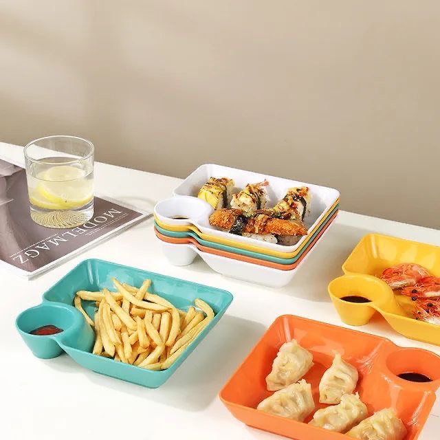4-Piece Multipurpose Snack Plate Set with Sauce Compartment – Assorted Colours