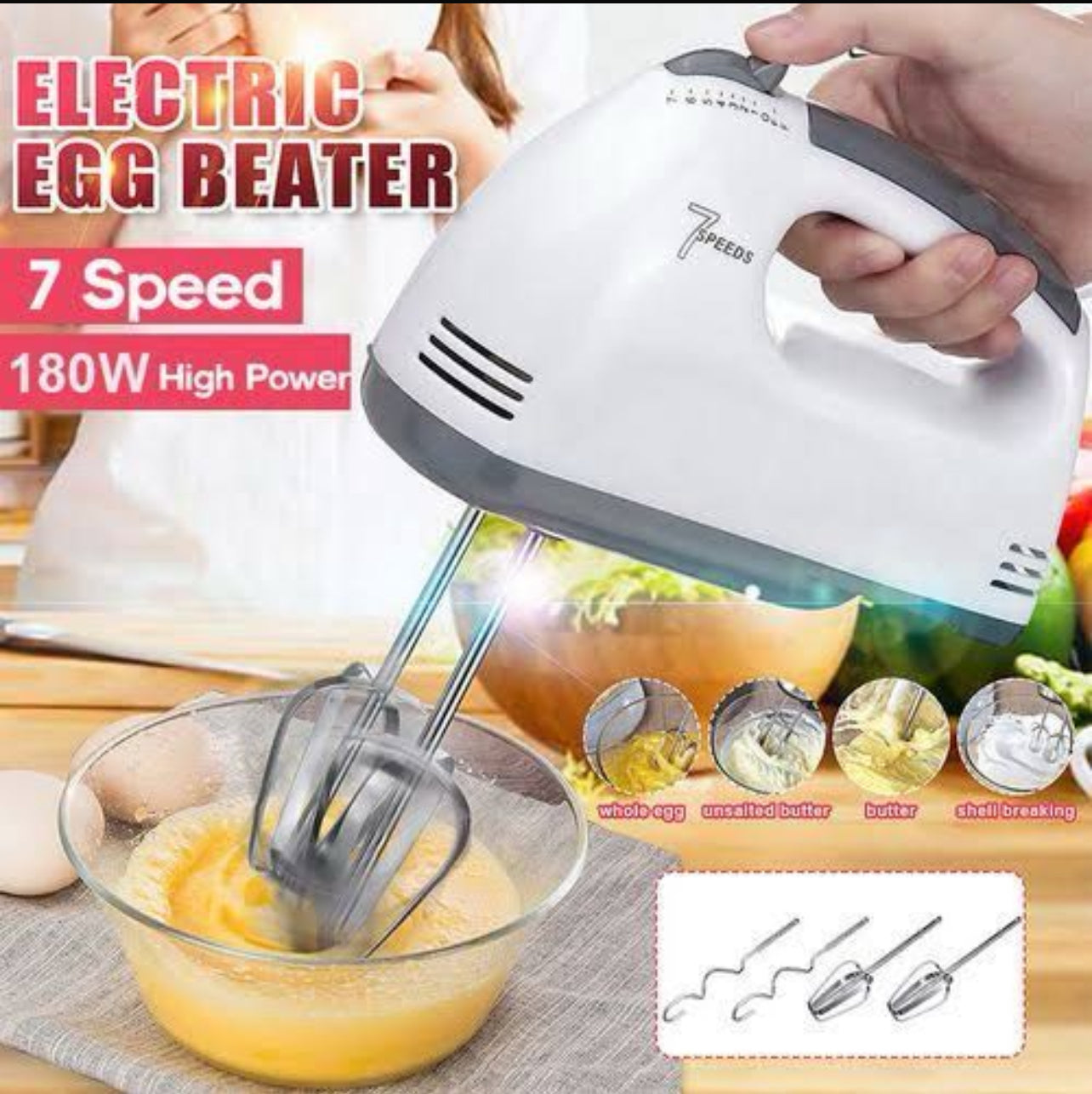 Scarlett Super Speed Hand Mixer – 7-Speed Egg Beater with Chrome Beaters & Dough Hooks (White)