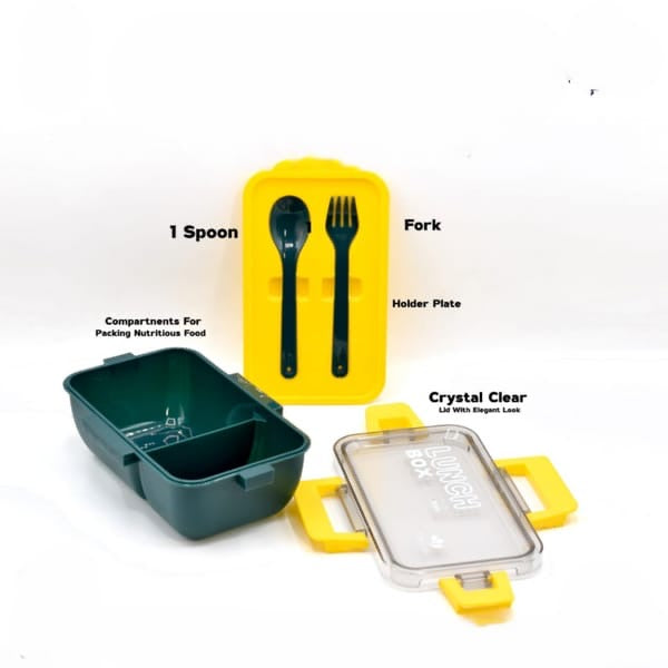 2-Portion Plastic Lunch Box with Spoon & Fork – Mix/Random Colours