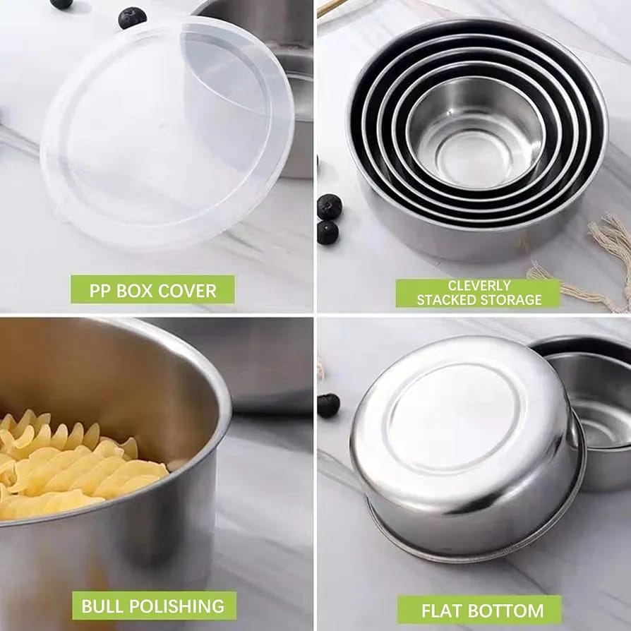 5 Pcs Stainless Steel Food Container & Mixing Bowl Set – Durable & Multi-Purpose