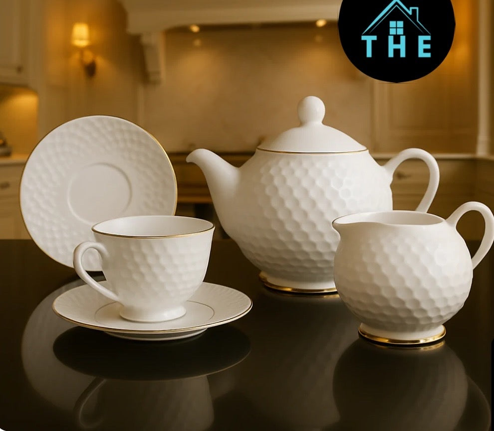 17-Piece Royal Fine Bone China Tea Set – White Textured Design with Gold Accents