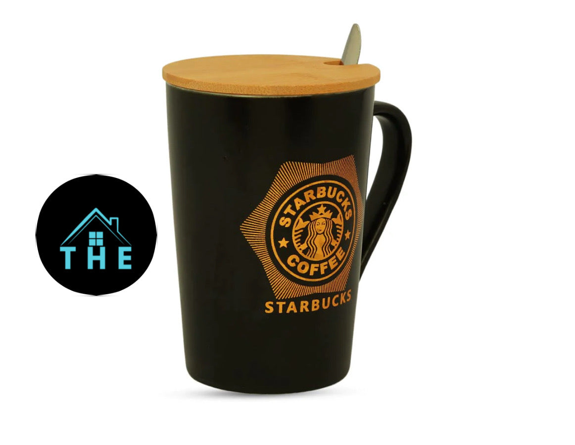 Starbucks-Inspired Black Ceramic Mug with Bamboo Lid & Spoon