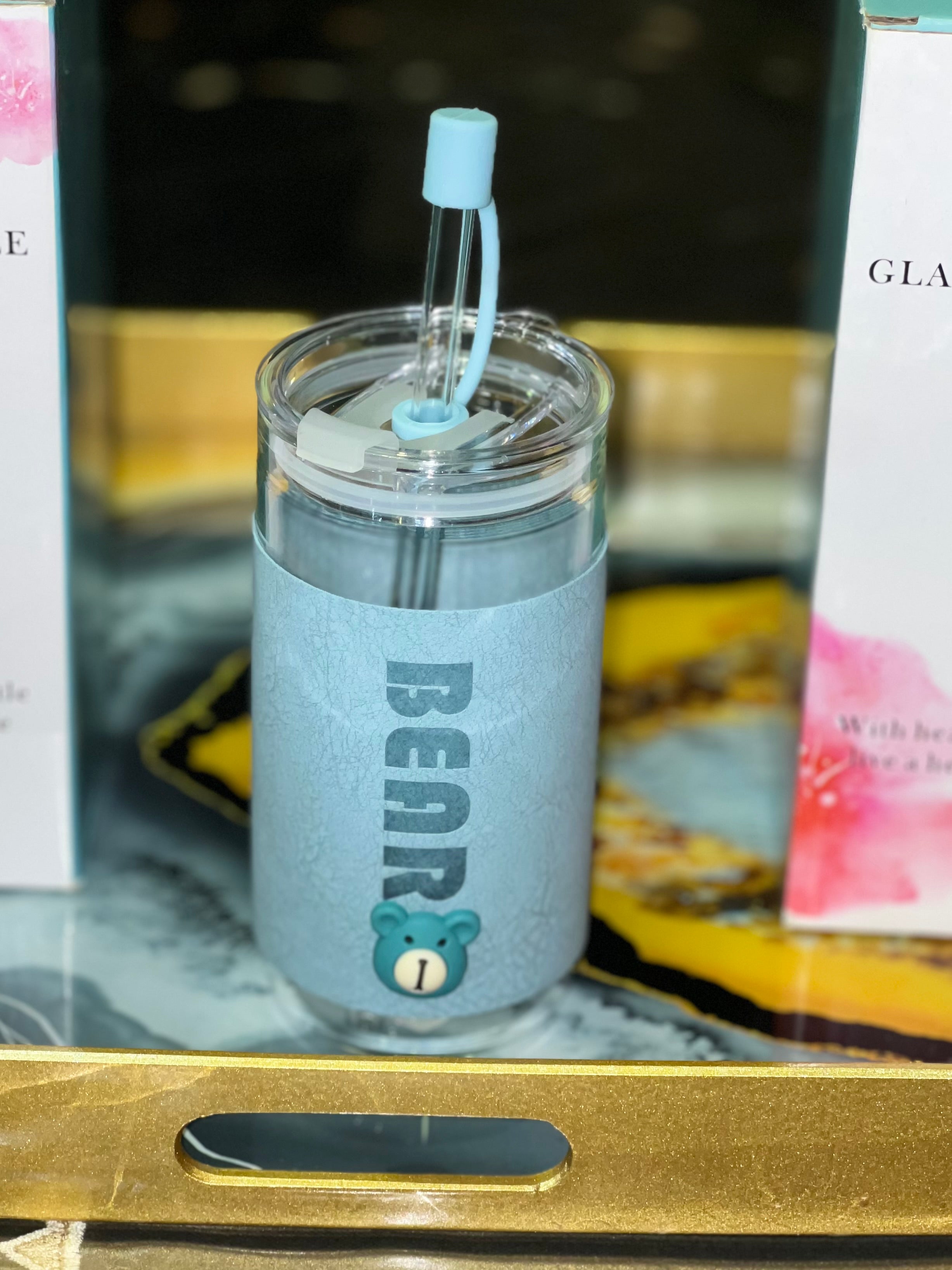 Cute Bear Glass Cup with Lid & Straw