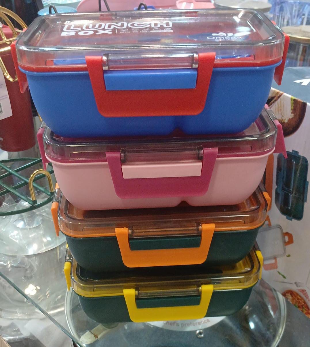 2-Portion Plastic Lunch Box with Spoon & Fork – Mix/Random Colours