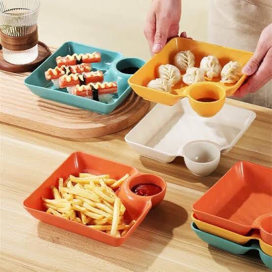 4-Piece Multipurpose Snack Plate Set with Sauce Compartment – Assorted Colours