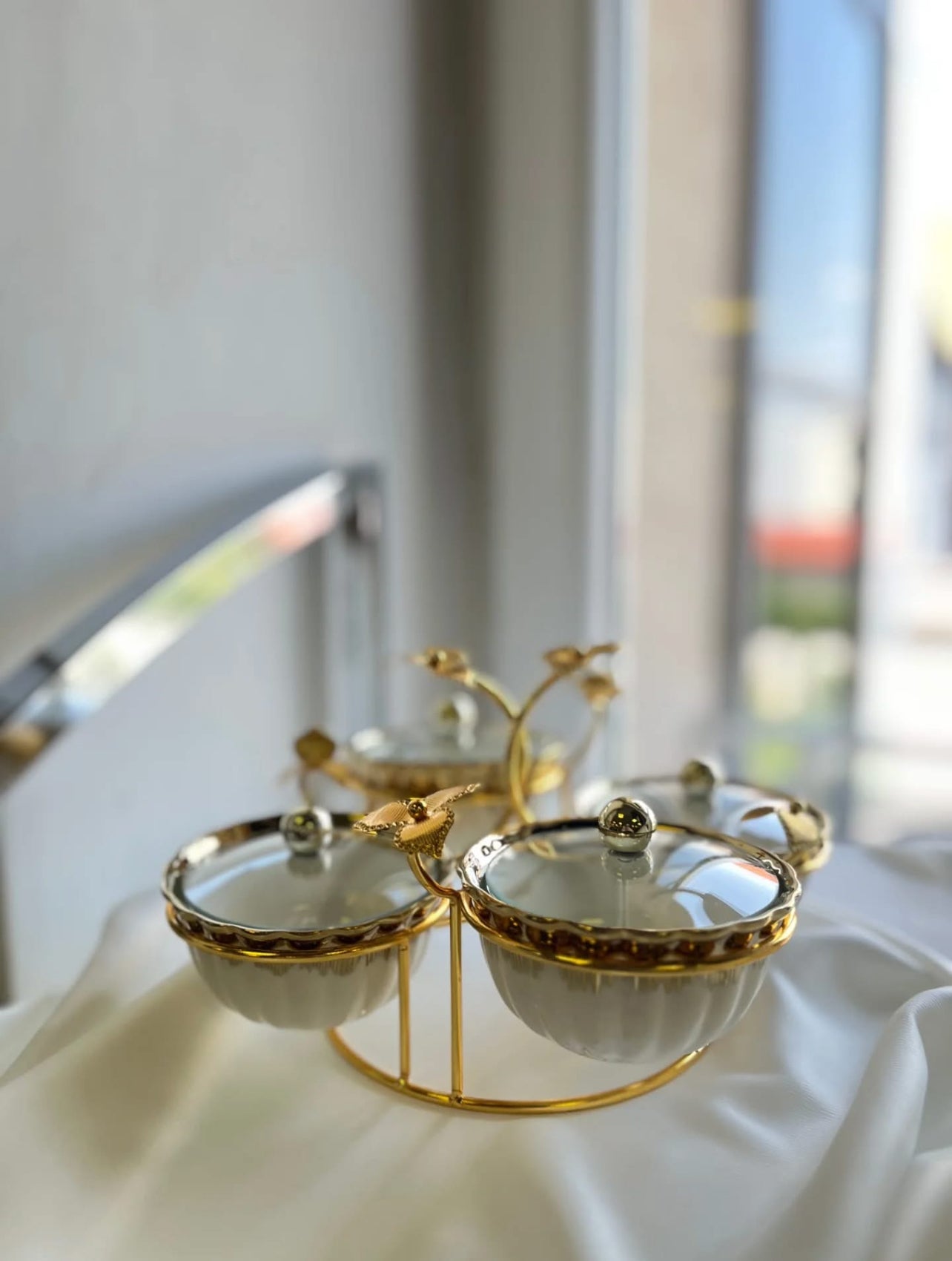 Porcelain Snack Bowl Set with Gold Floral Stand – 4-Piece Lidded Server