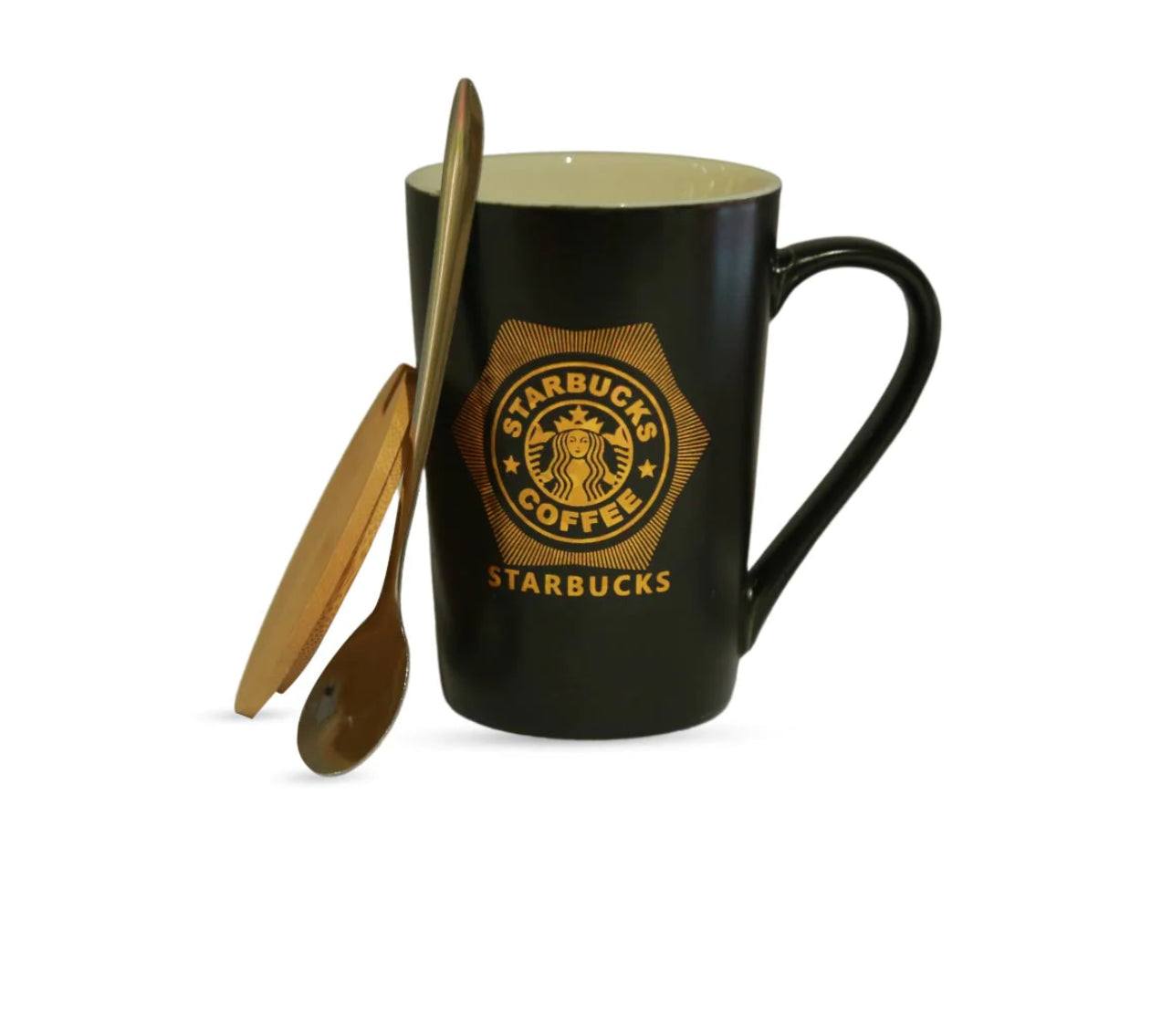 Starbucks-Inspired Black Ceramic Mug with Bamboo Lid & Spoon