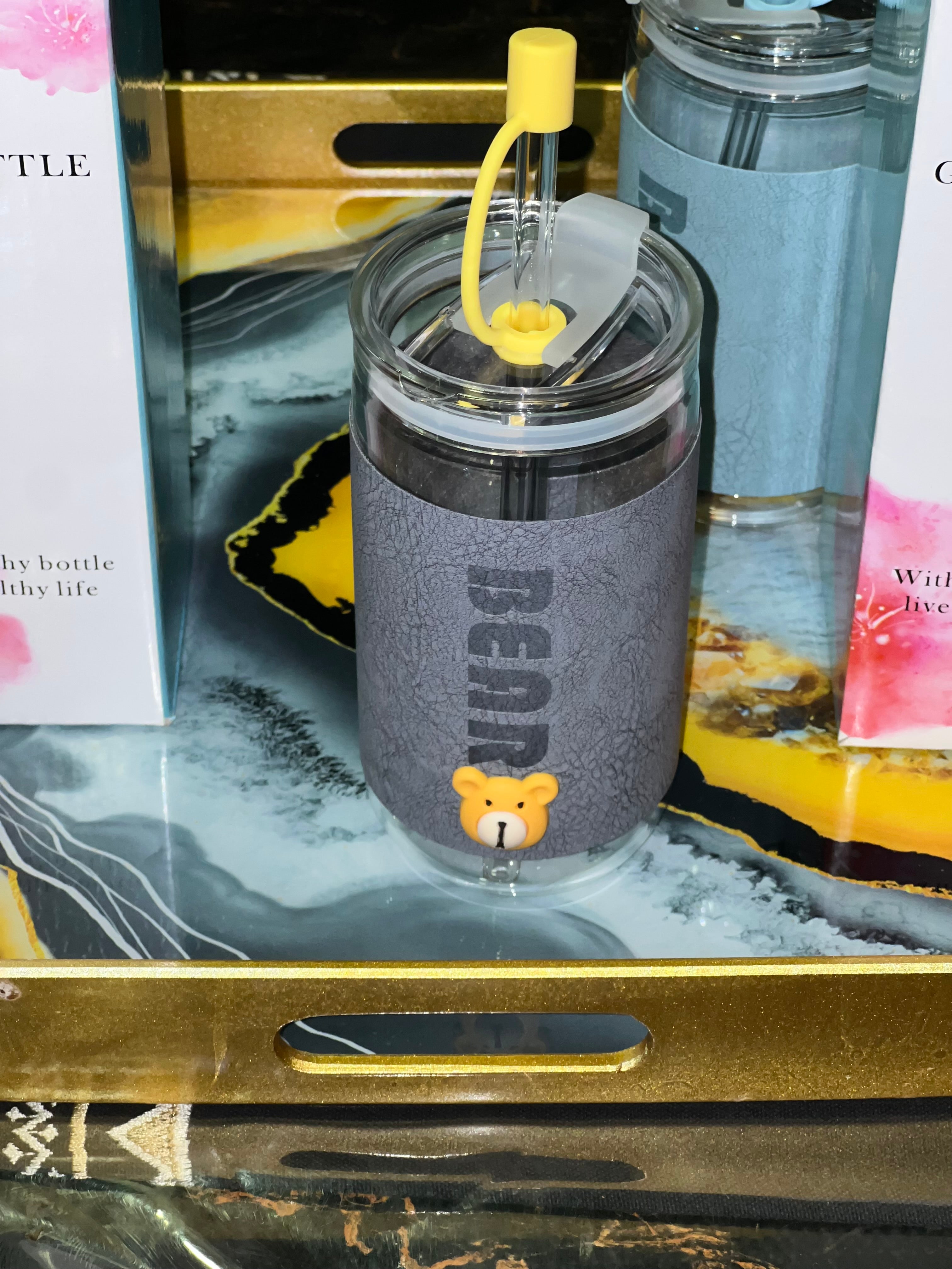 Cute Bear Glass Cup with Lid & Straw