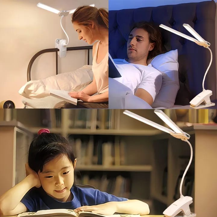 360° Flexible Double Head LED Clip Lamp – Rechargeable Desk & Reading Light