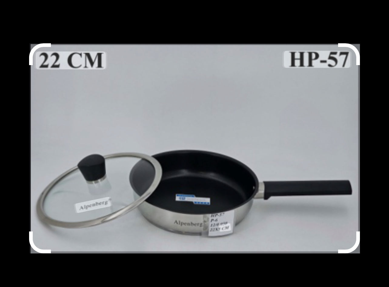 AlpenBerg HP-59 Stainless Steel Fry Pan with Glass Lid – Available in 22, 24 & 26 CM