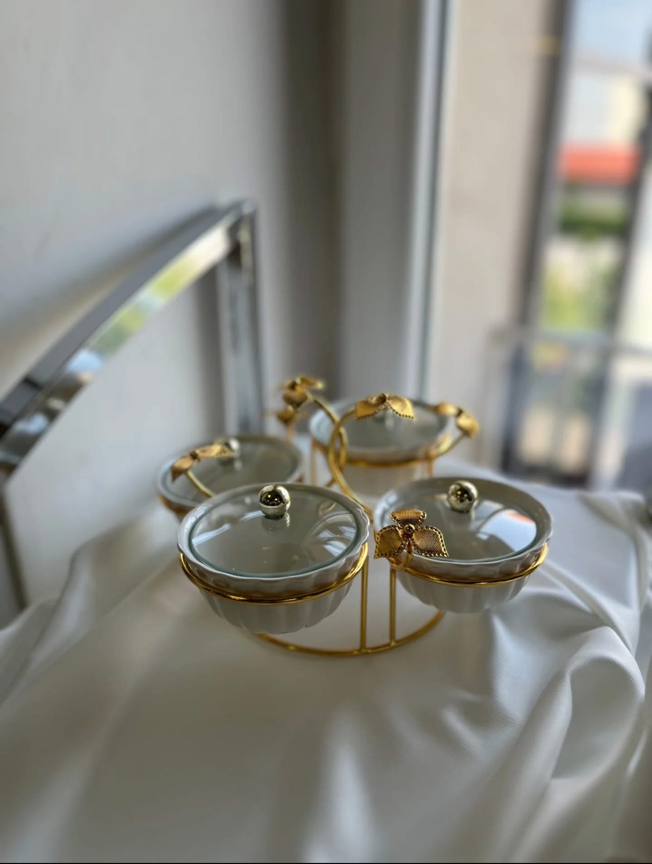 Porcelain Snack Bowl Set with Gold Floral Stand – 4-Piece Lidded Server