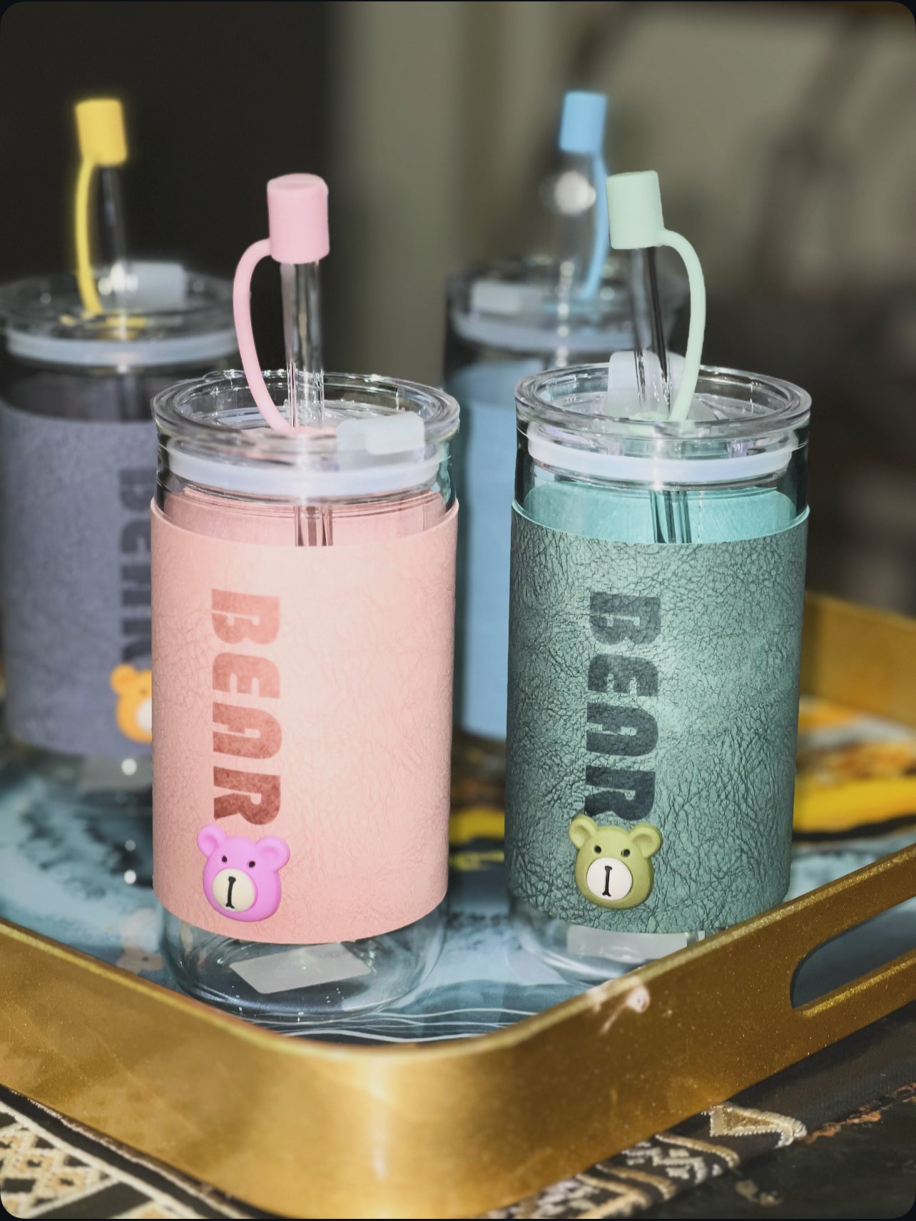 Cute Bear Glass Cup with Lid & Straw